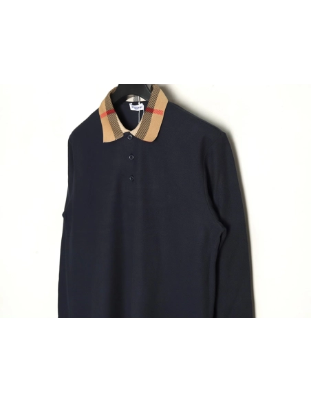 Burberry Check Lapel Long Sleeve Polo Shirt Navy,Burberry