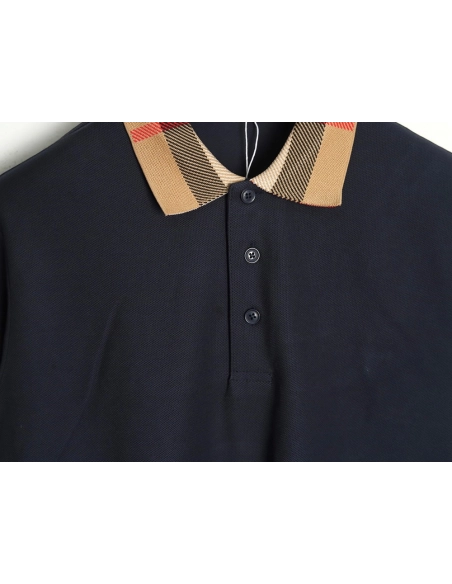 Burberry Check Lapel Long Sleeve Polo Shirt Navy,Burberry