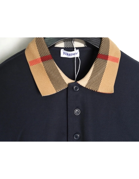 Burberry Check Lapel Long Sleeve Polo Shirt Navy,Burberry