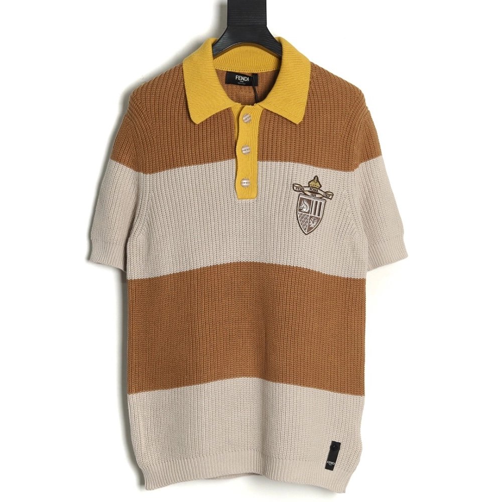 Fendi Badge Striped Jersey Short Sleeve Polo Shirt,Fendi