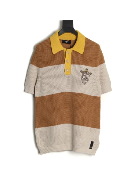 Fendi Badge Striped Jersey Short Sleeve Polo Shirt,Fendi