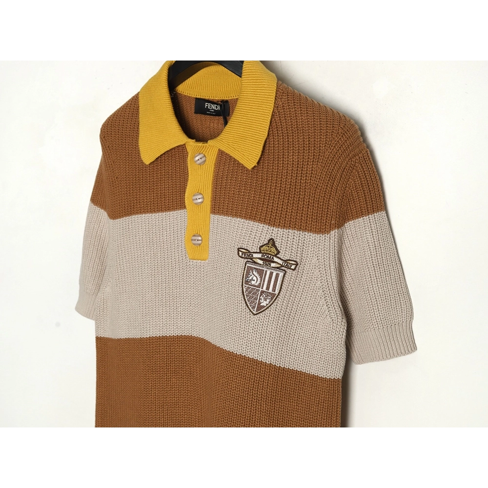 Fendi Badge Striped Jersey Short Sleeve Polo Shirt,Fendi