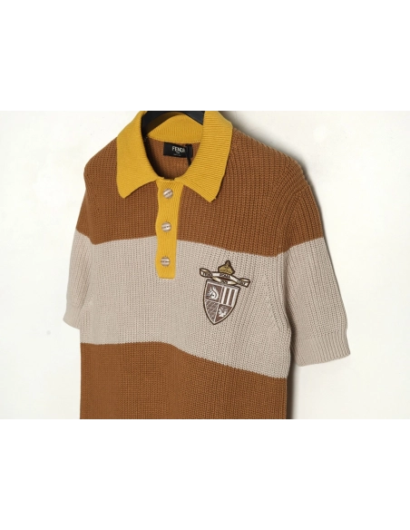 Fendi Badge Striped Jersey Short Sleeve Polo Shirt,Fendi
