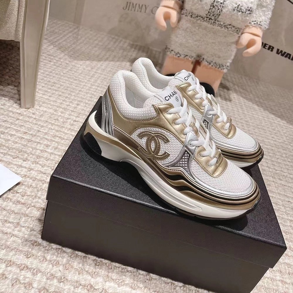 CHANEL CC Logo Cruise Tennis Gold Sneakers,CHANEL SNEAKERS,More Brands