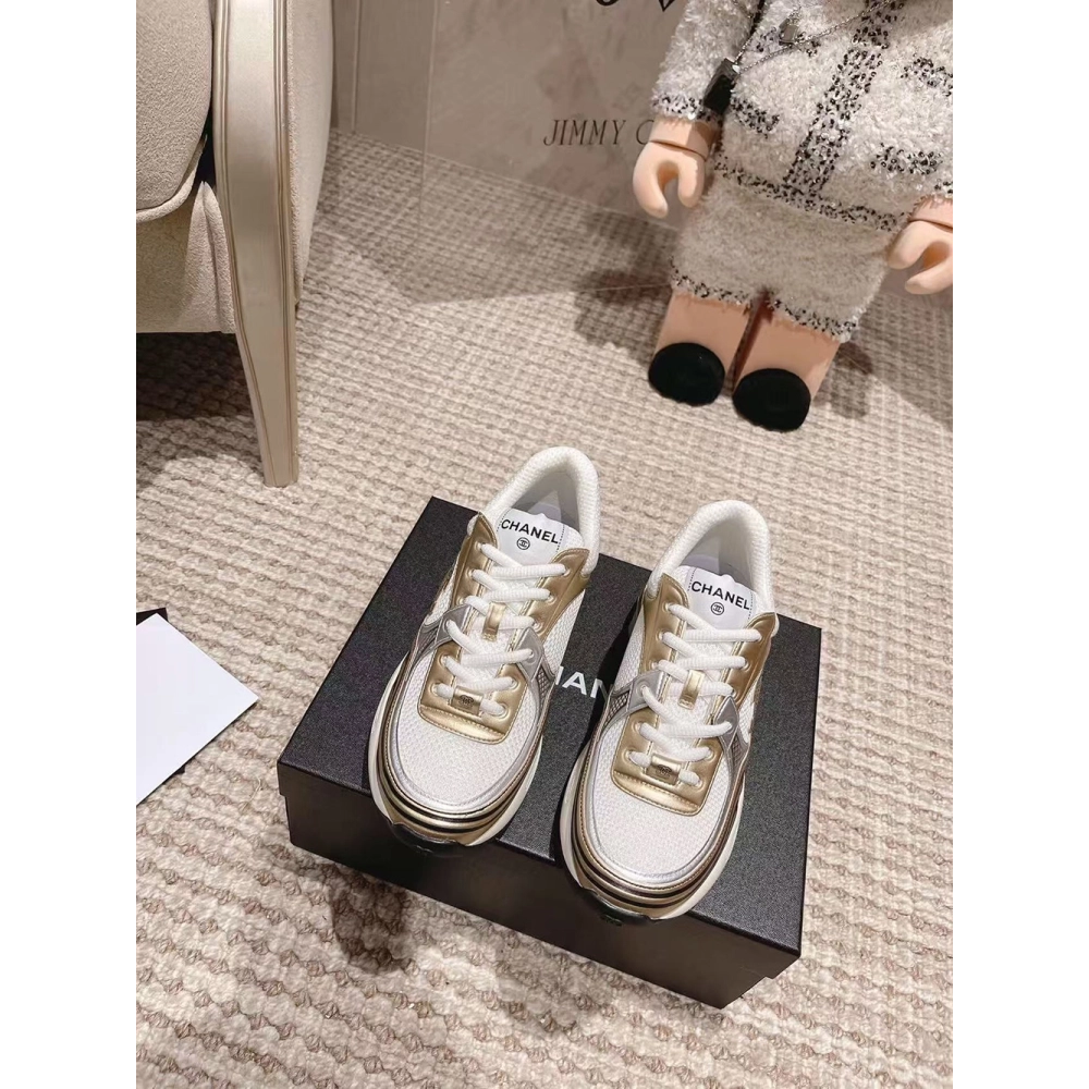 CHANEL CC Logo Cruise Tennis Gold Sneakers,CHANEL SNEAKERS,More Brands