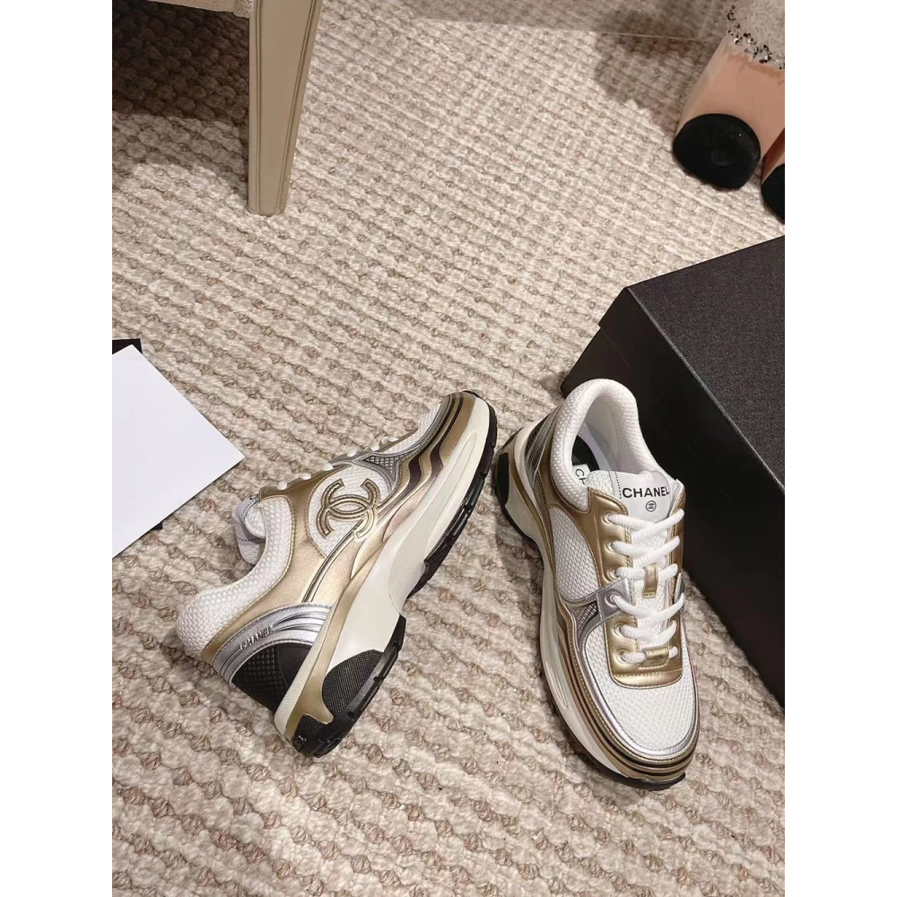 CHANEL CC Logo Cruise Tennis Gold Sneakers,CHANEL SNEAKERS,More Brands