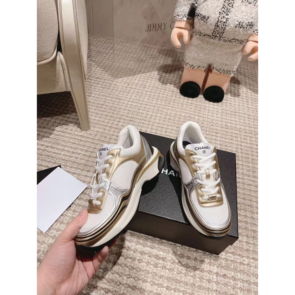 CHANEL CC Logo Cruise Tennis Gold Sneakers,CHANEL SNEAKERS,More Brands