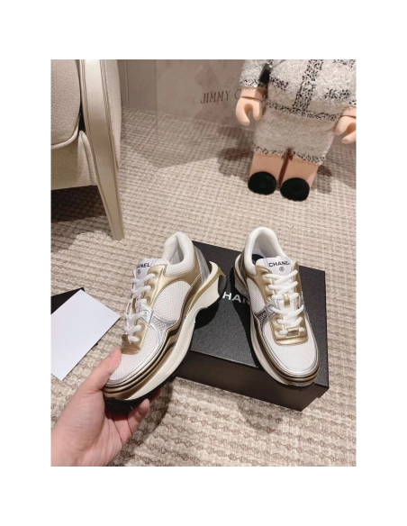 CHANEL CC Logo Cruise Tennis Gold Sneakers,CHANEL SNEAKERS,More Brands