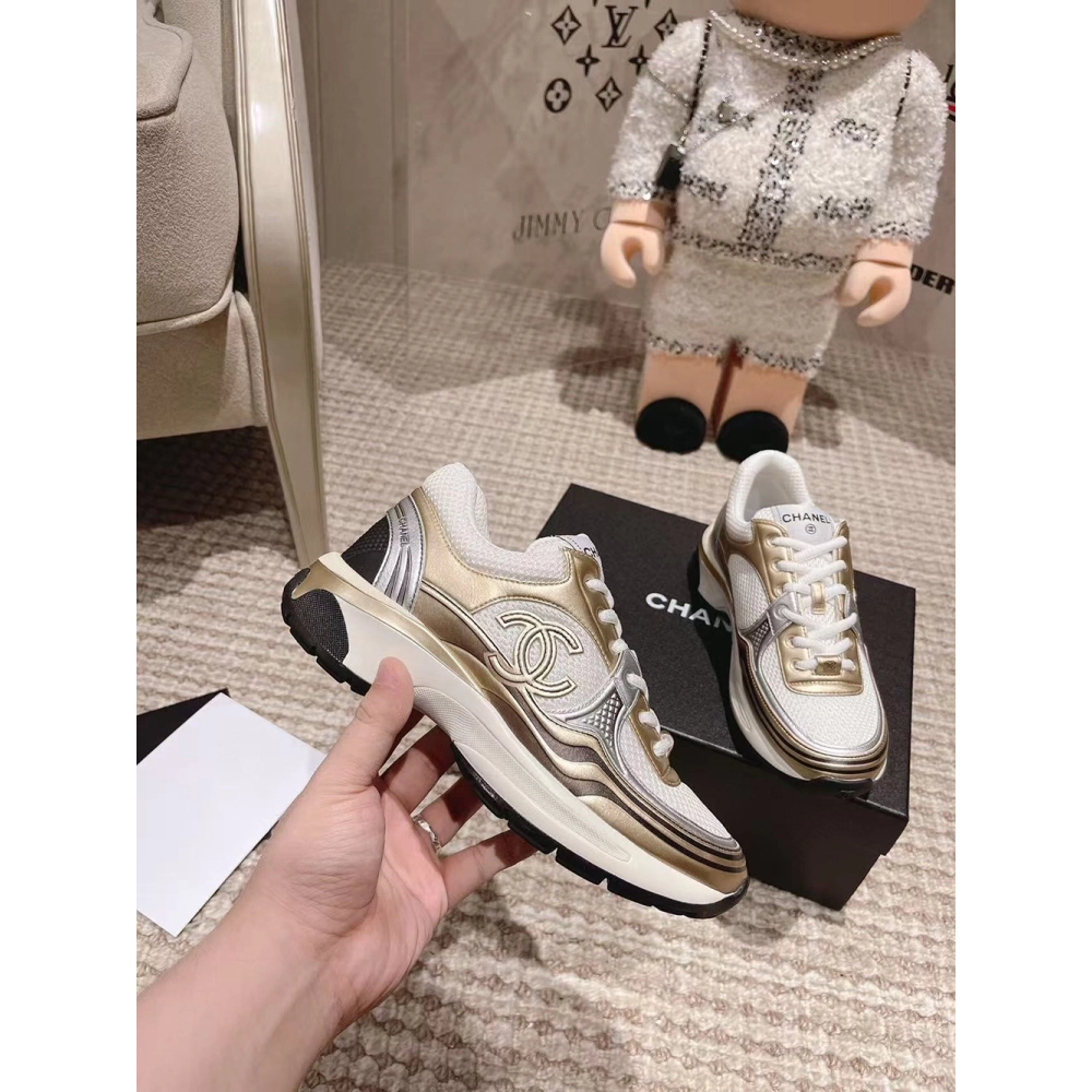 CHANEL CC Logo Cruise Tennis Gold Sneakers,CHANEL SNEAKERS,More Brands