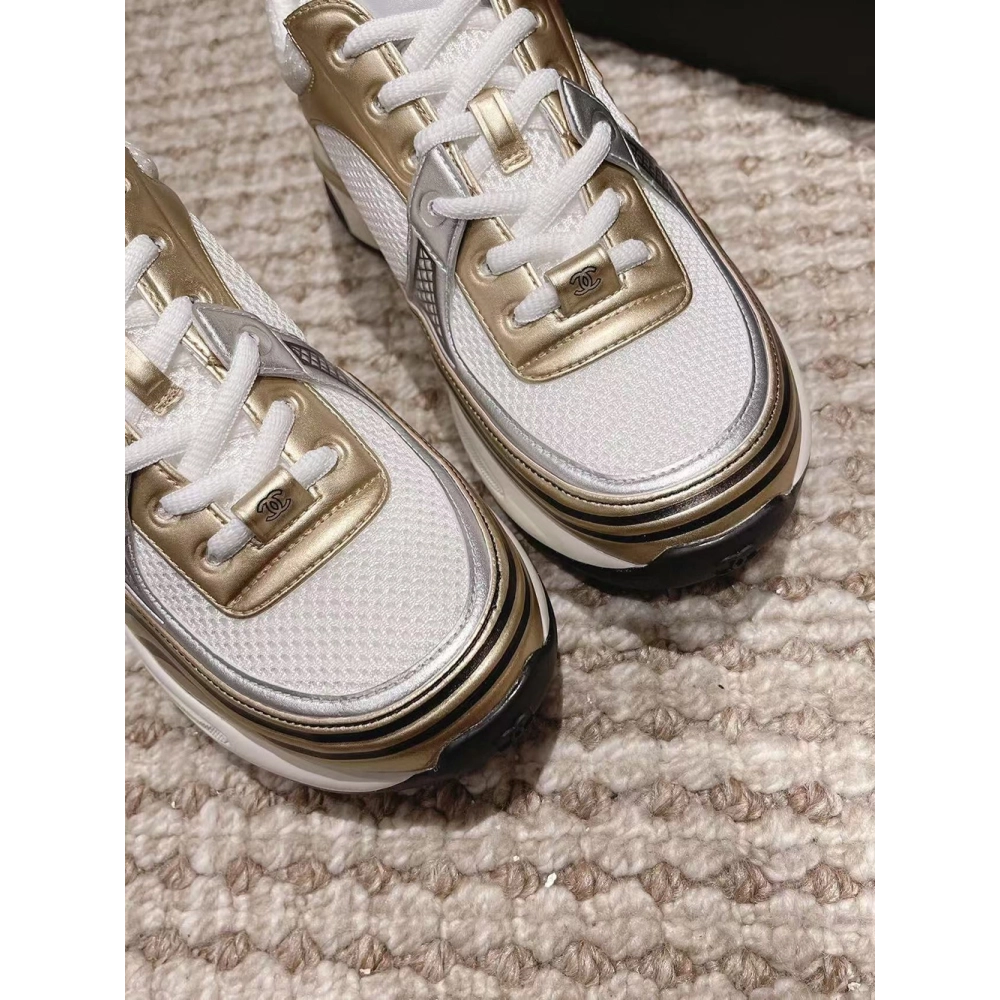 CHANEL CC Logo Cruise Tennis Gold Sneakers,CHANEL SNEAKERS,More Brands