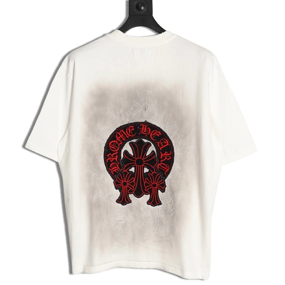 Chrome Hearts Red Label Cross Patch Embroidered Washed Hole Short Sleeve T-Shirt TSK1,Chrome Hearts