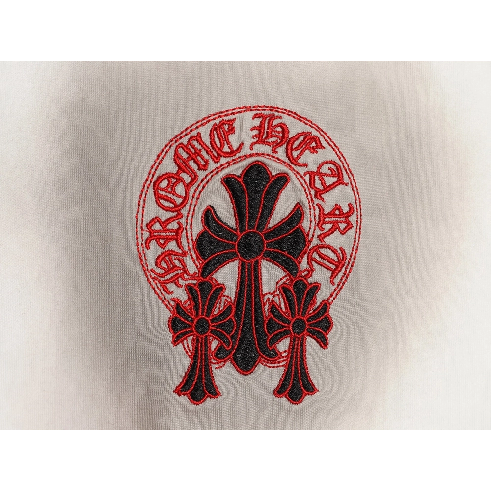 Chrome Hearts Red Label Cross Patch Embroidered Washed Hole Short Sleeve T-Shirt TSK1,Chrome Hearts