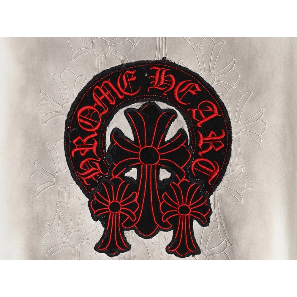 Chrome Hearts Red Label Cross Patch Embroidered Washed Hole Short Sleeve T-Shirt TSK1,Chrome Hearts