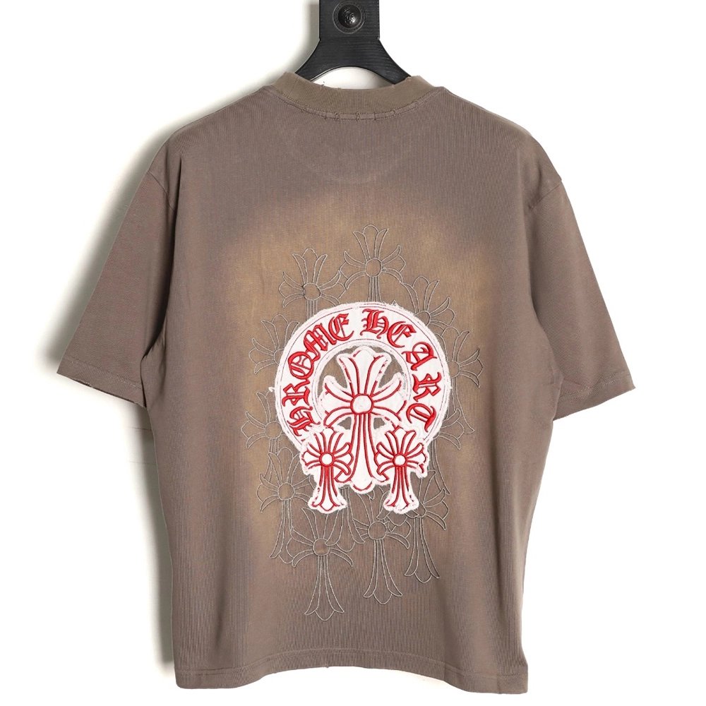 Chrome Hearts Red Label Cross Patch Embroidered Washed Hole Short Sleeve T-Shirt,Chrome Hearts