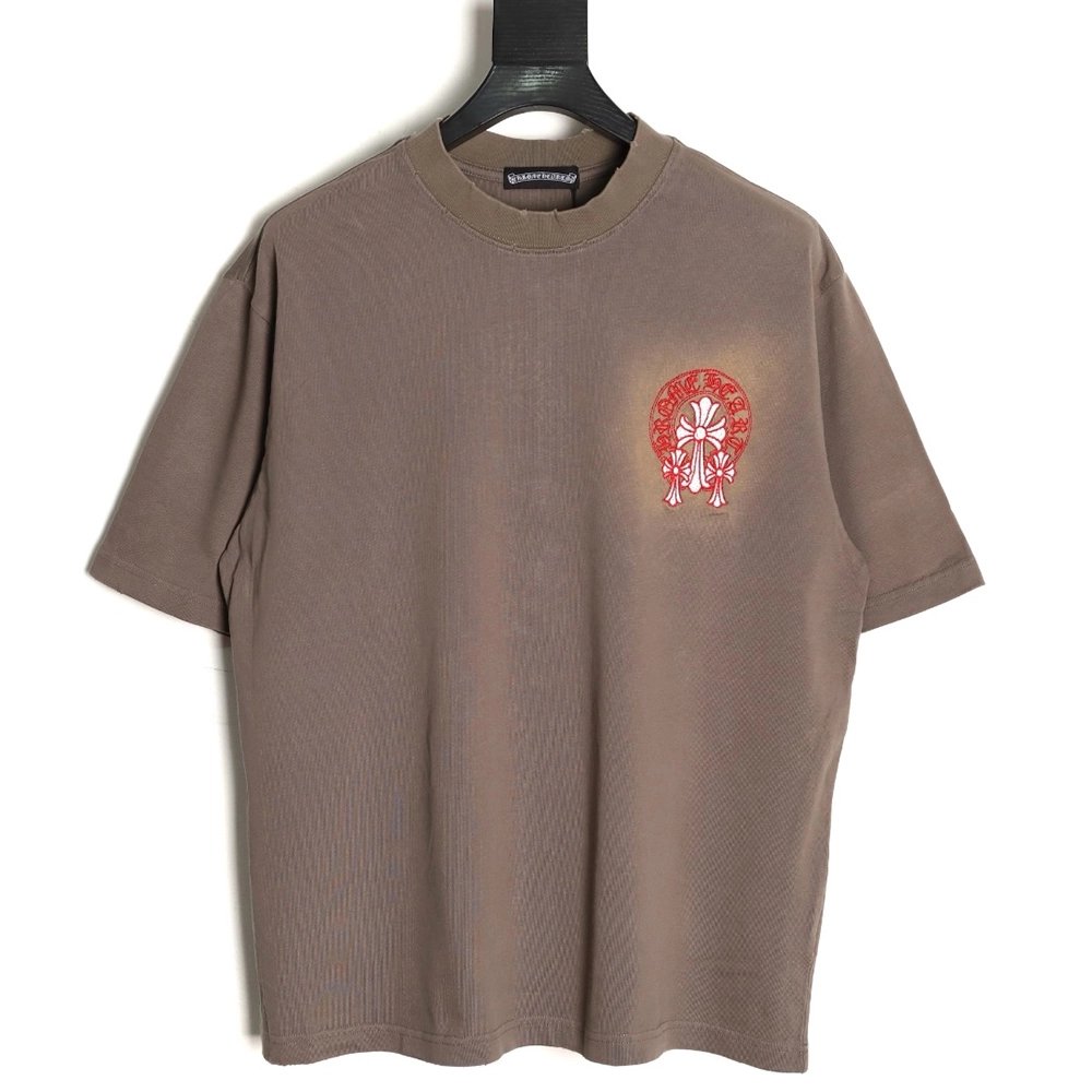 Chrome Hearts Red Label Cross Patch Embroidered Washed Hole Short Sleeve T-Shirt,Chrome Hearts