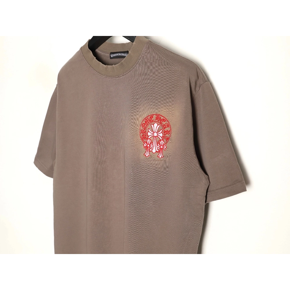 Chrome Hearts Red Label Cross Patch Embroidered Washed Hole Short Sleeve T-Shirt,Chrome Hearts