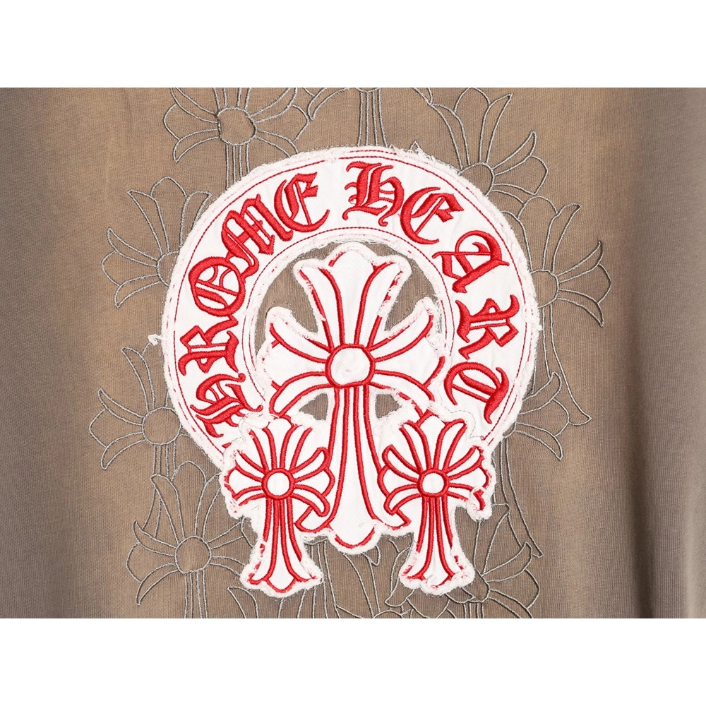 Chrome Hearts Red Label Cross Patch Embroidered Washed Hole Short Sleeve T-Shirt,Chrome Hearts