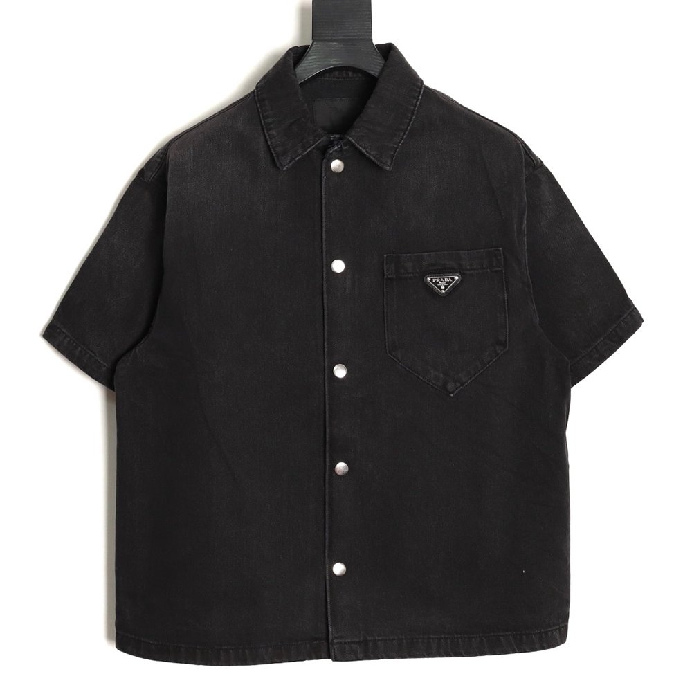 Prada triangle logo pocket denim short sleeve shirt,Prada