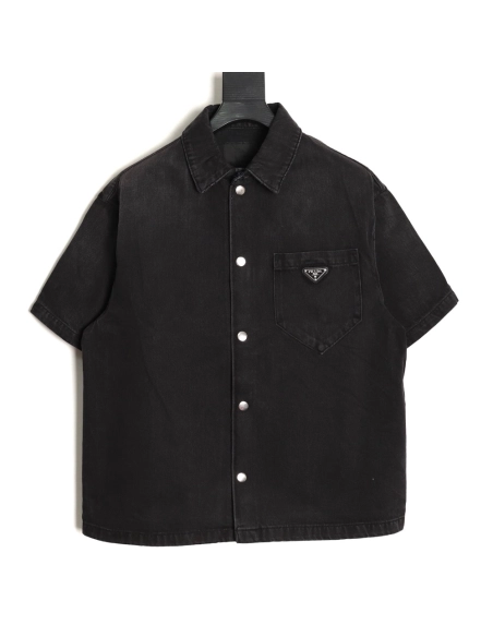 Prada triangle logo pocket denim short sleeve shirt,Prada
