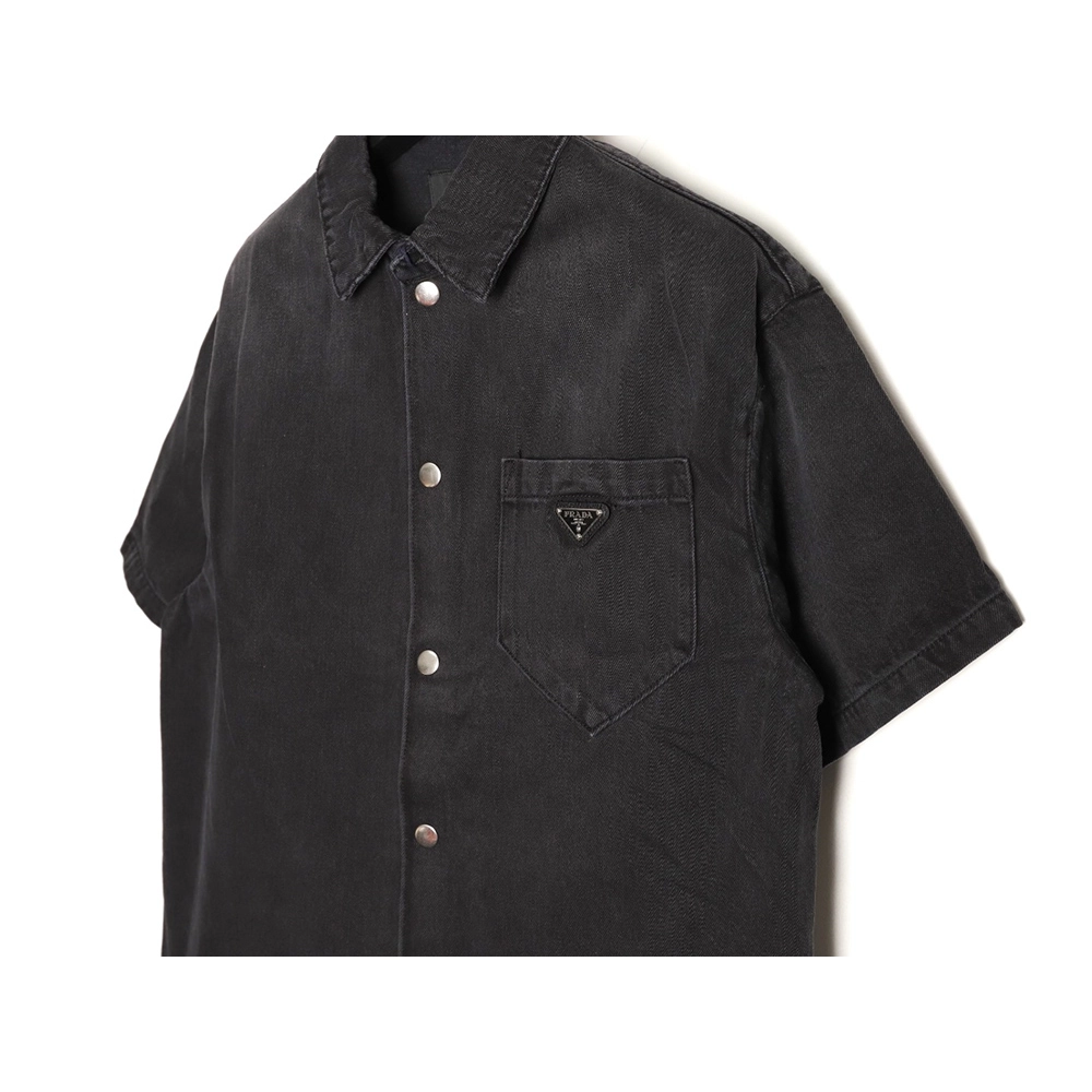 Prada triangle logo pocket denim short sleeve shirt,Prada