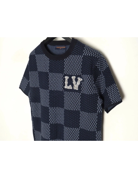 Louis Vuitton Pharrell diamond logo checkerboard knitted short sleeved,Louis Vuitton T Shirt,Tshirt,APPAREL