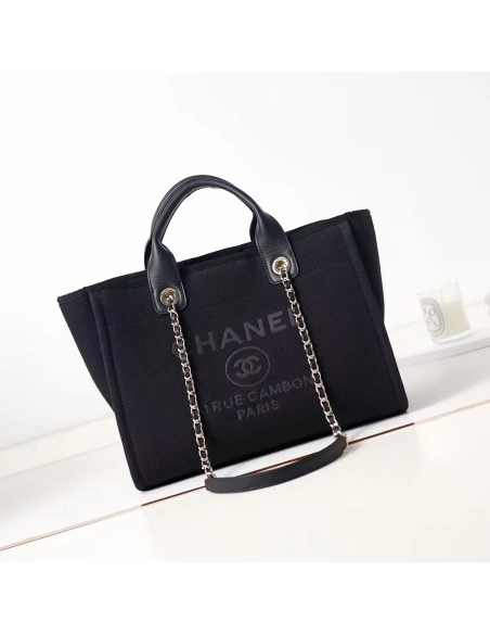 Chanel Deauville Tote Black Canvas Beach Bags AS3351 33cm,Chanel Bags
