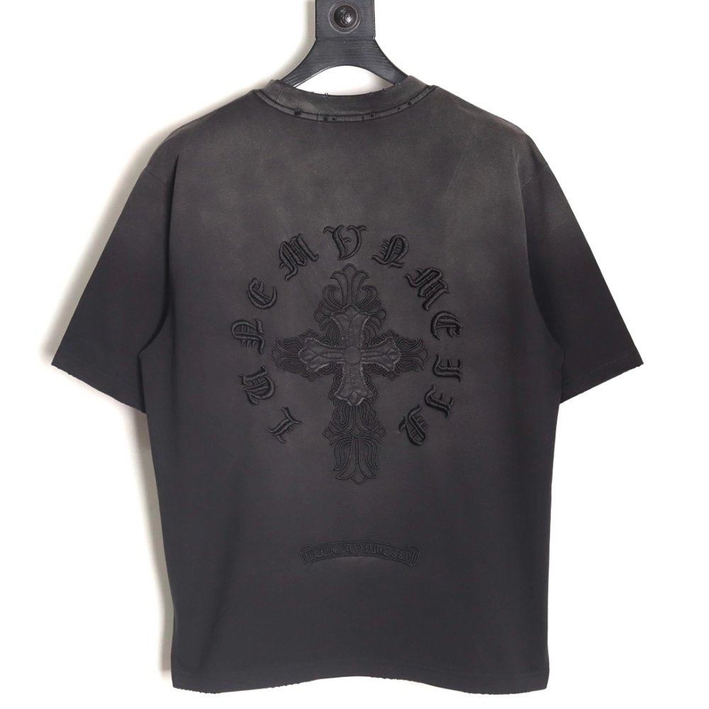 Chrome Hearts Cross Patch Embroidery Washed Ripped Short Sleeve T-Shirt,Chrome Hearts