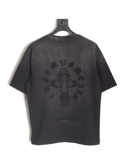 Chrome Hearts Cross Patch Embroidery Washed Ripped Short Sleeve T-Shirt,Chrome Hearts