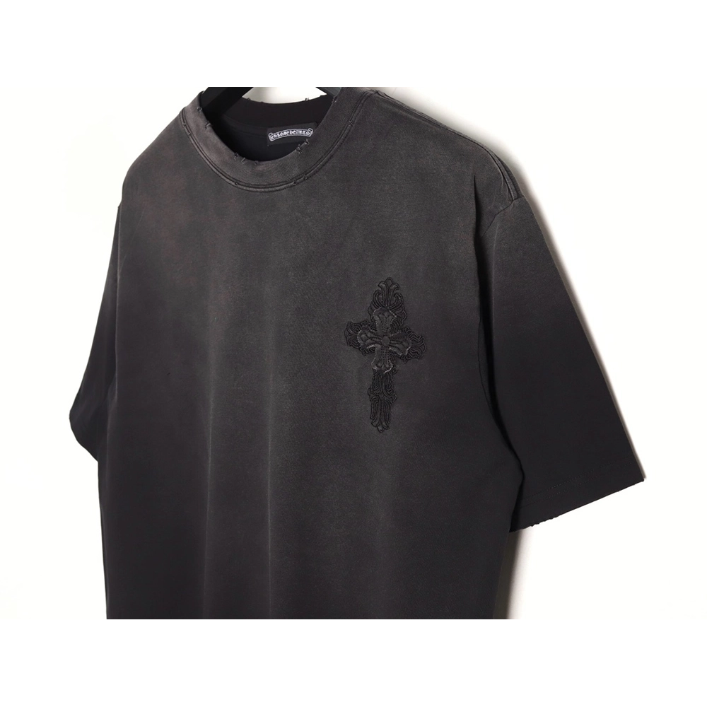 Chrome Hearts Cross Patch Embroidery Washed Ripped Short Sleeve T-Shirt,Chrome Hearts