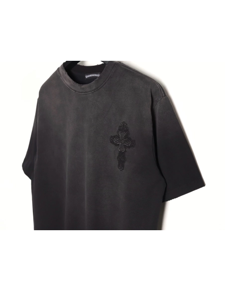 Chrome Hearts Cross Patch Embroidery Washed Ripped Short Sleeve T-Shirt,Chrome Hearts