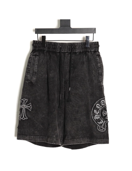 Chrome Hearts Patch Horseshoe Cross Embroidery Washed Shorts,Chrome Hearts