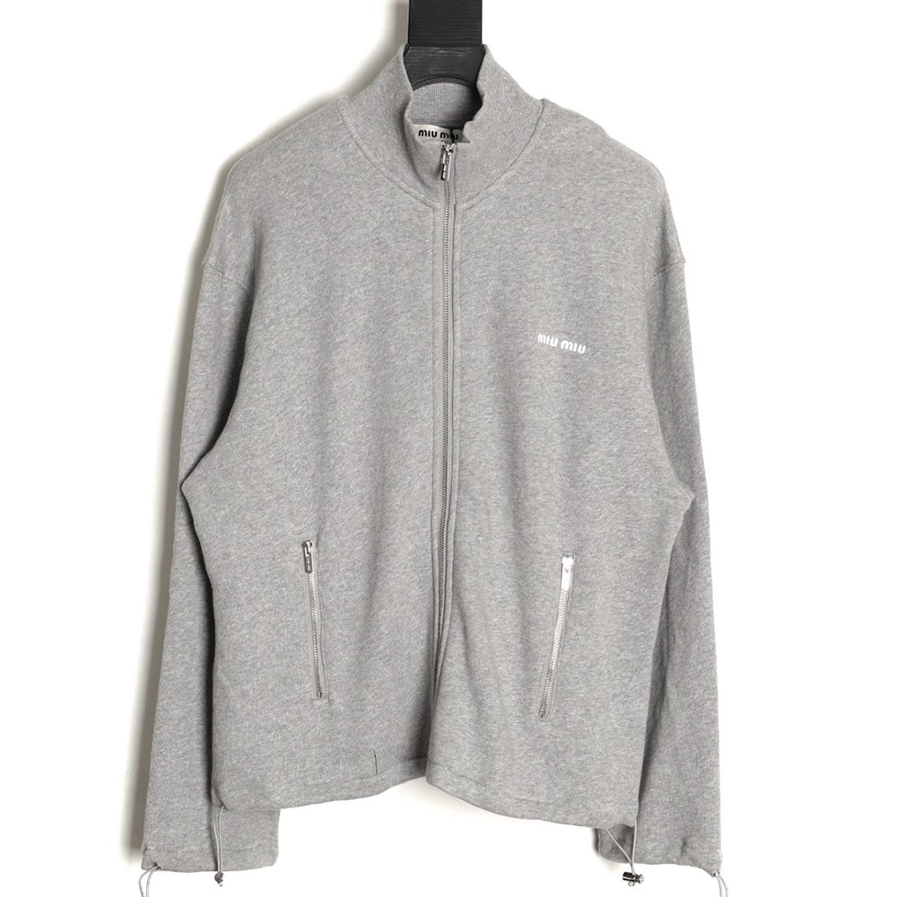Miu Miu small embroidered zipper cotton and linen stand-up collar jacket,Miu Miu