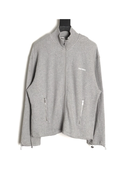 Miu Miu small embroidered zipper cotton and linen stand-up collar jacket,Miu Miu