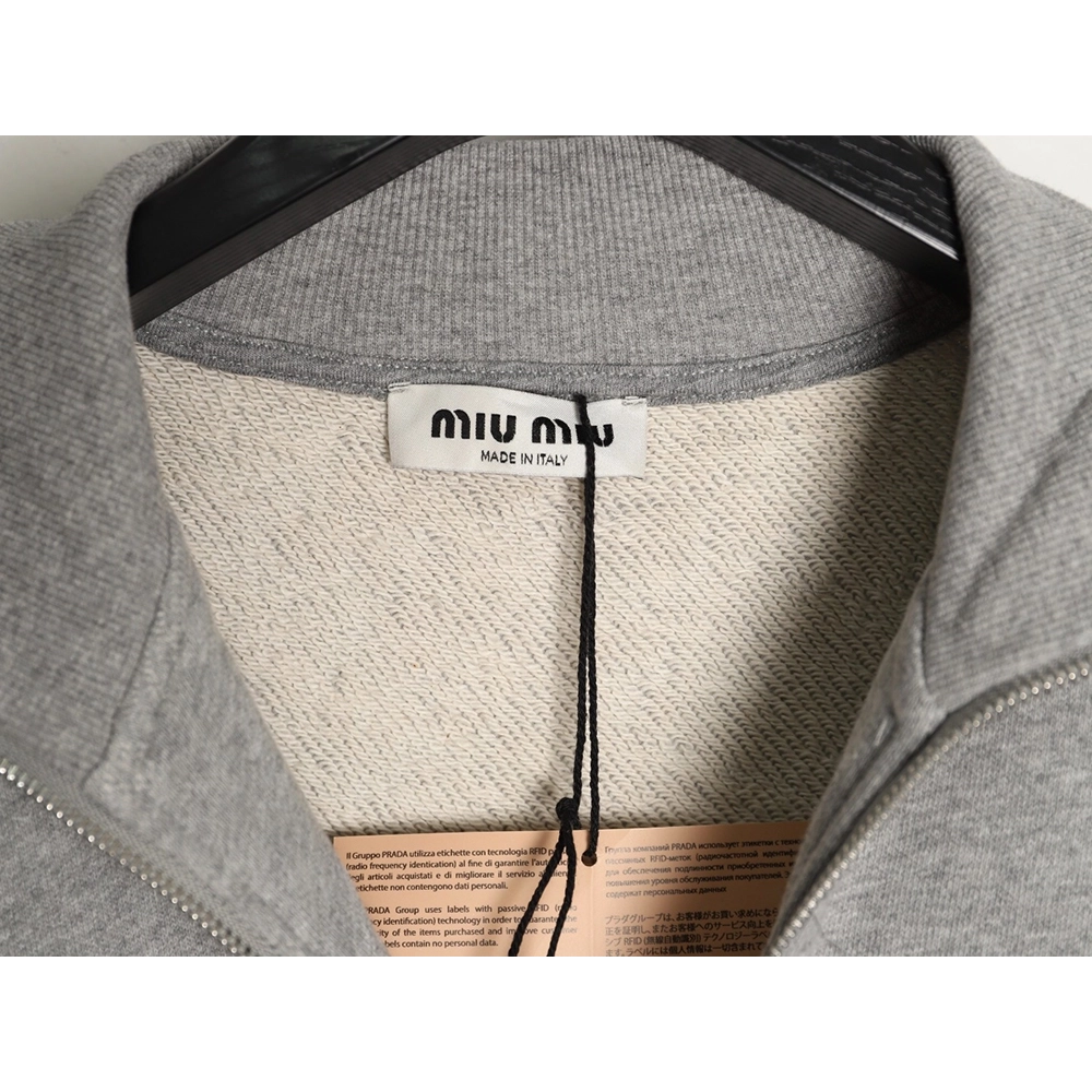 Miu Miu small embroidered zipper cotton and linen stand-up collar jacket,Miu Miu