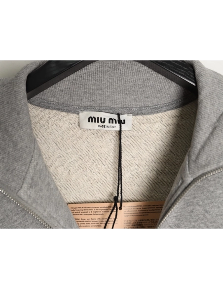 Miu Miu small embroidered zipper cotton and linen stand-up collar jacket,Miu Miu