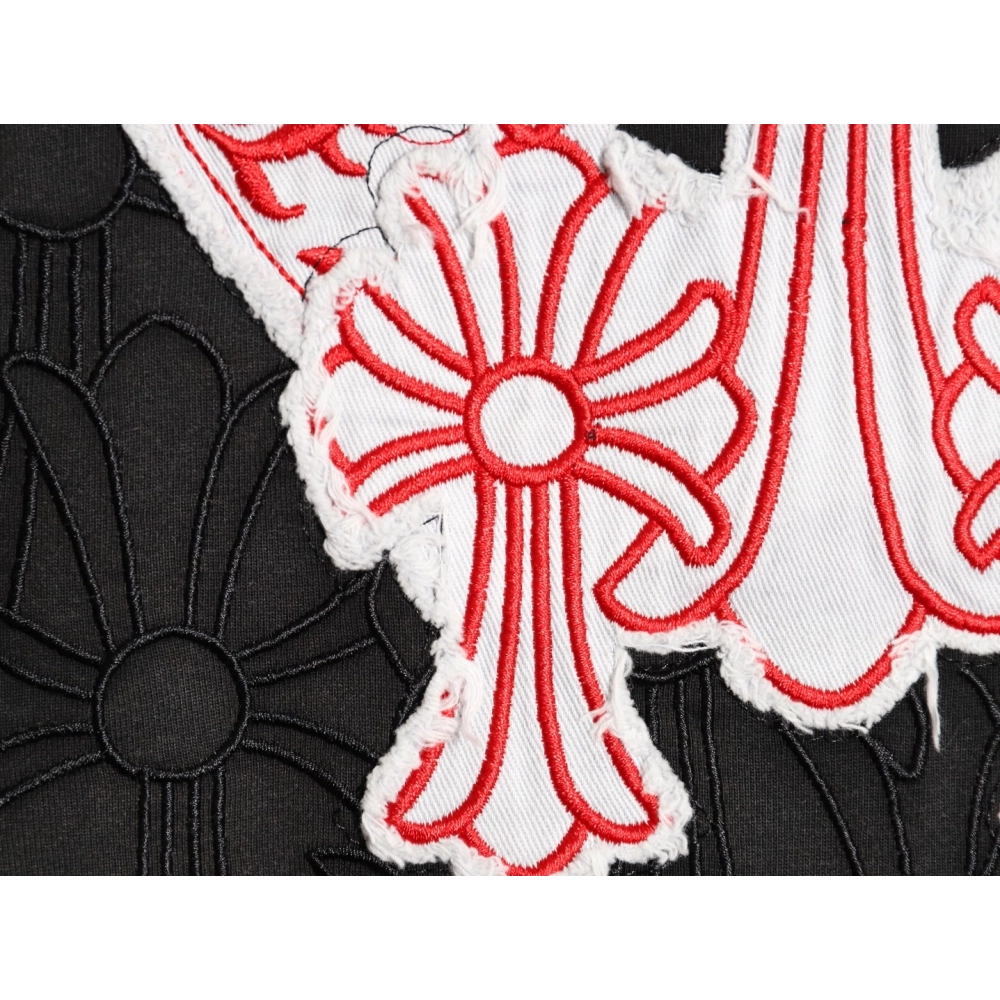 Chrome Hearts Red Label Cross Patch Embroidered Washed Hole Short Sleeve T-shirt TSK1,Chrome Hearts
