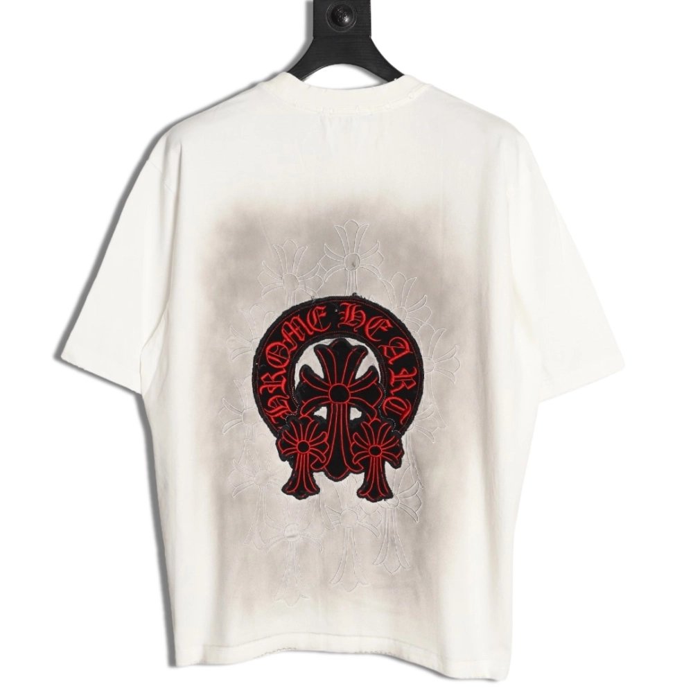 Chrome Hearts Red Label Cross Patch Embroidered Washed Hole Short Sleeve T-shirt,Chrome Hearts