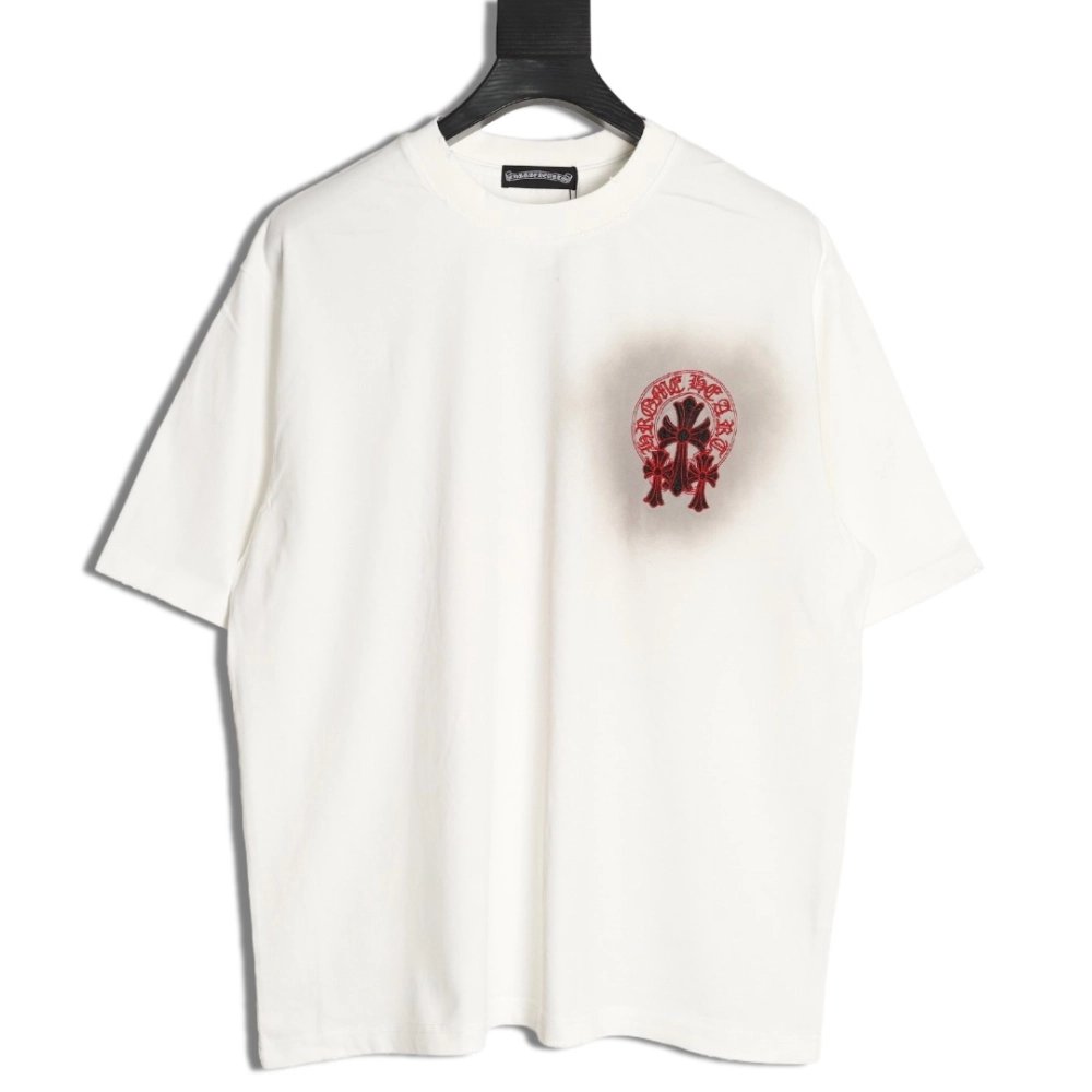 Chrome Hearts Red Label Cross Patch Embroidered Washed Hole Short Sleeve T-shirt,Chrome Hearts