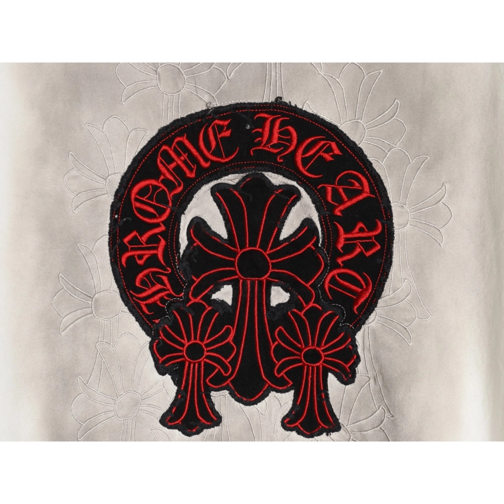 Chrome Hearts Red Label Cross Patch Embroidered Washed Hole Short Sleeve T-shirt,Chrome Hearts