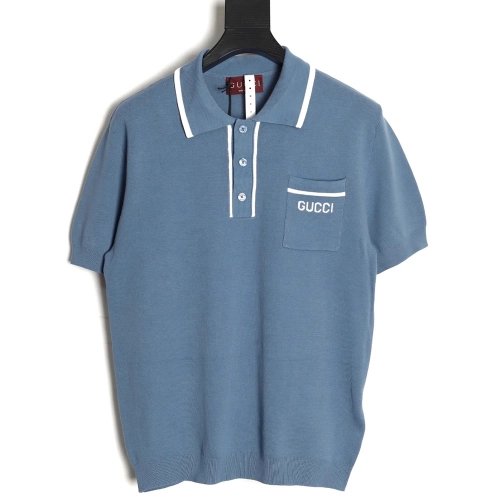 Gucci contrast collar embroidered logo knitted polo short sleeve,Gucci