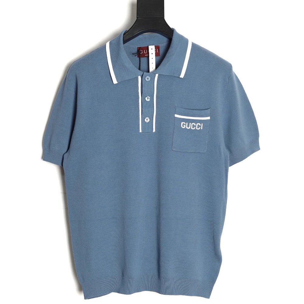 Gucci contrast collar embroidered logo knitted polo short sleeve,Gucci