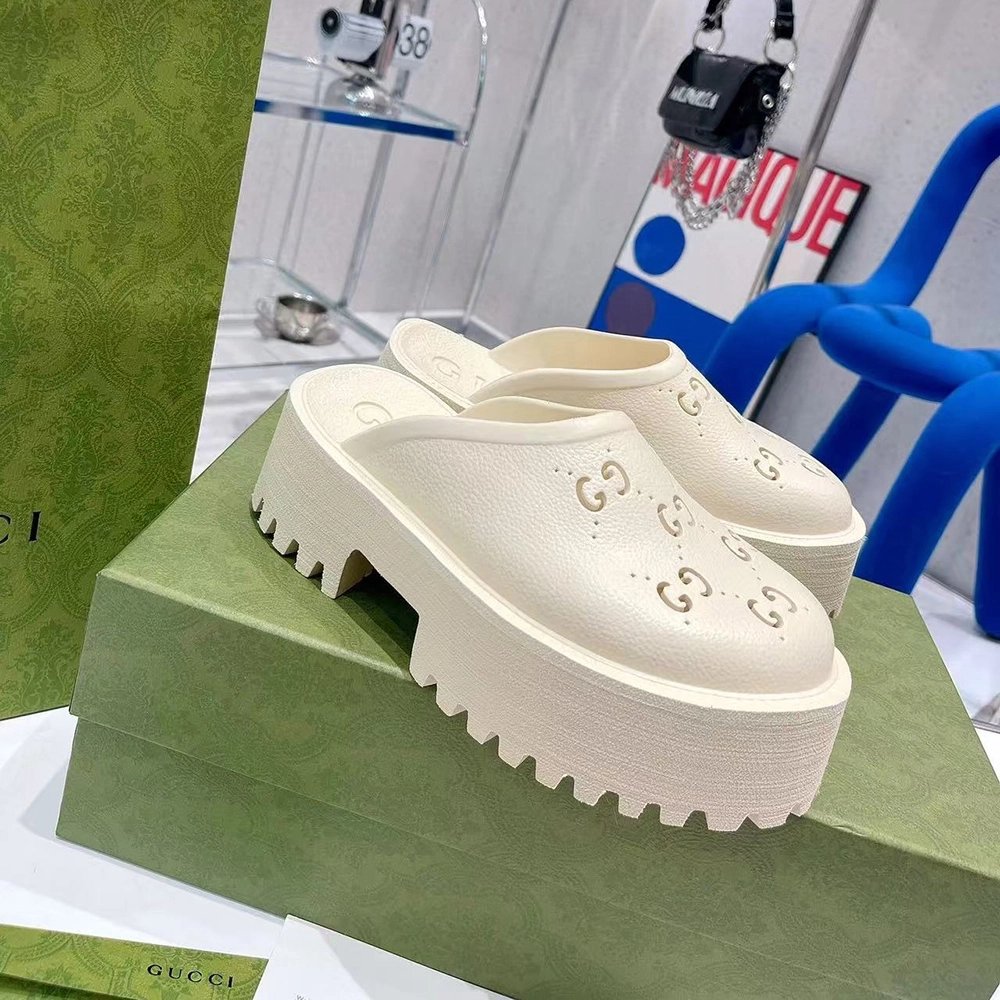 Gucci Wmns Platform Perforated G Sandal White Rubber,Gucci Slides