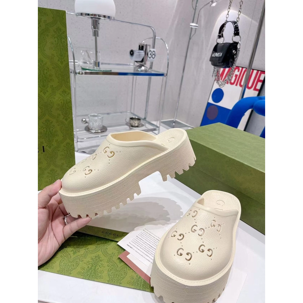 Gucci Wmns Platform Perforated G Sandal White Rubber,Gucci Slides