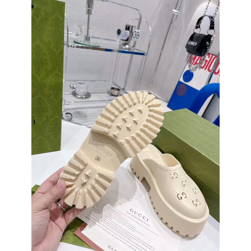 Gucci Wmns Platform Perforated G Sandal White Rubber,Gucci Slides