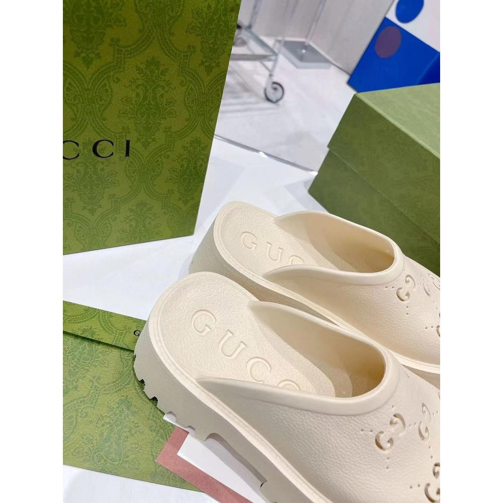 Gucci Wmns Platform Perforated G Sandal White Rubber,Gucci Slides