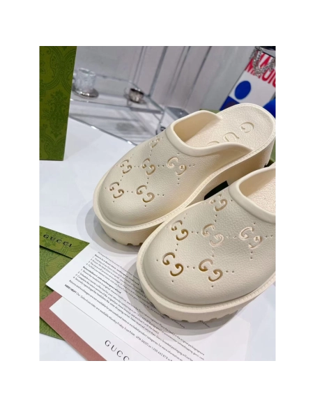 Gucci Wmns Platform Perforated G Sandal White Rubber,Gucci Slides