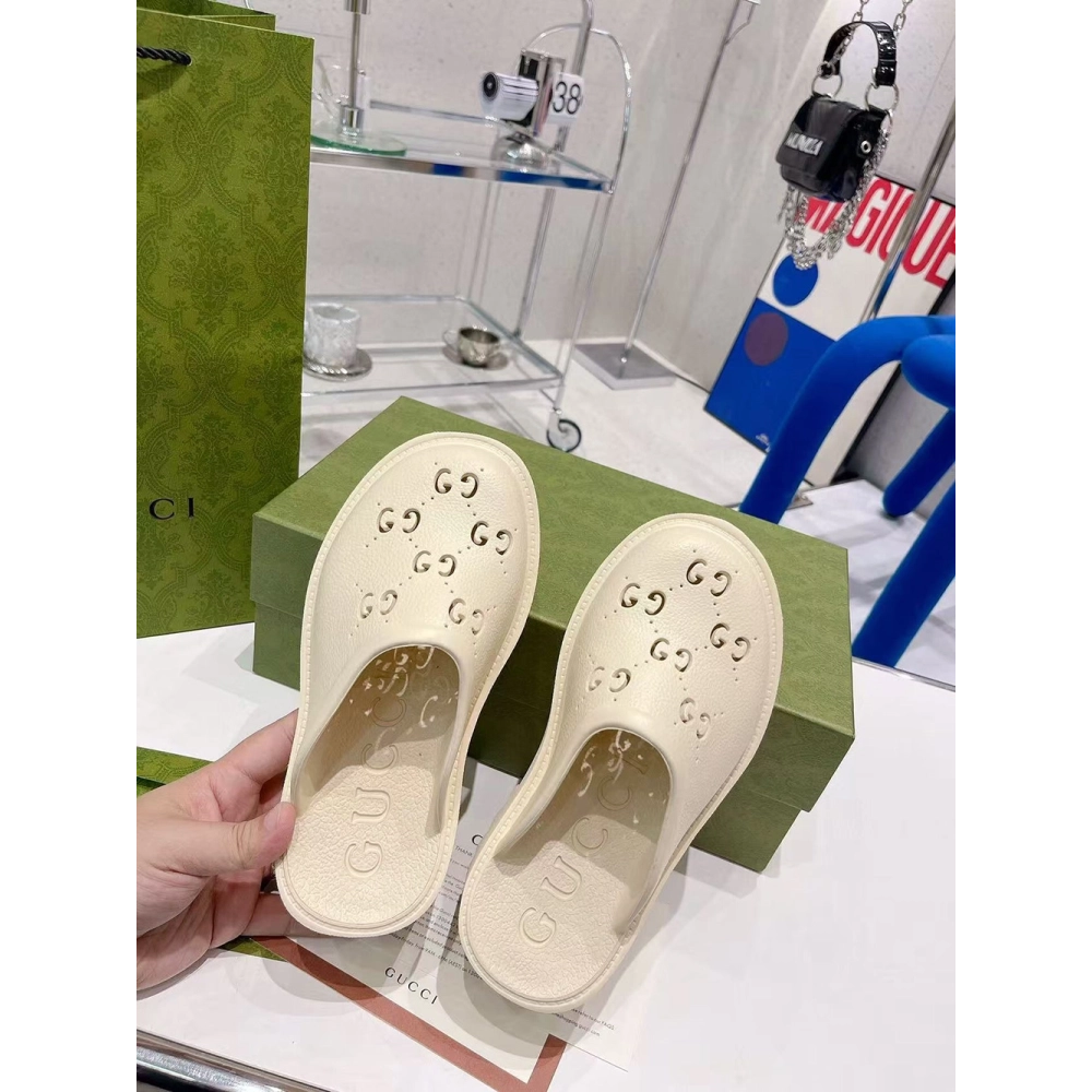 Gucci Wmns Platform Perforated G Sandal White Rubber,Gucci Slides