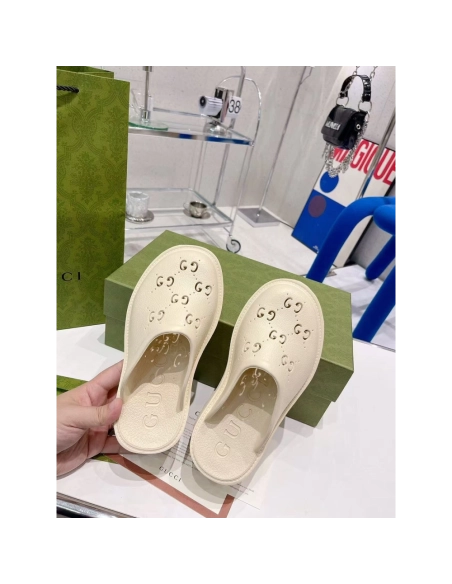 Gucci Wmns Platform Perforated G Sandal White Rubber,Gucci Slides