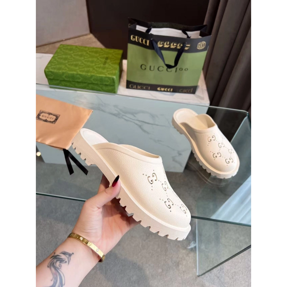 Gucci Slip-on Sandal Cut Out Monogram White,Gucci Slides