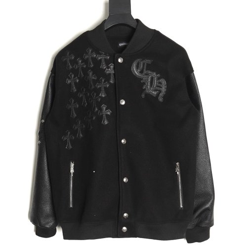 Chrome Hearts cross-patch multi-label leather sleeve baseball jacket,Chrome Hearts